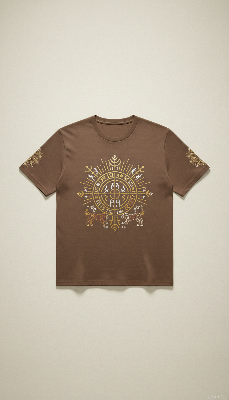 Buckwheat brown t-shirt with symbolic graphics