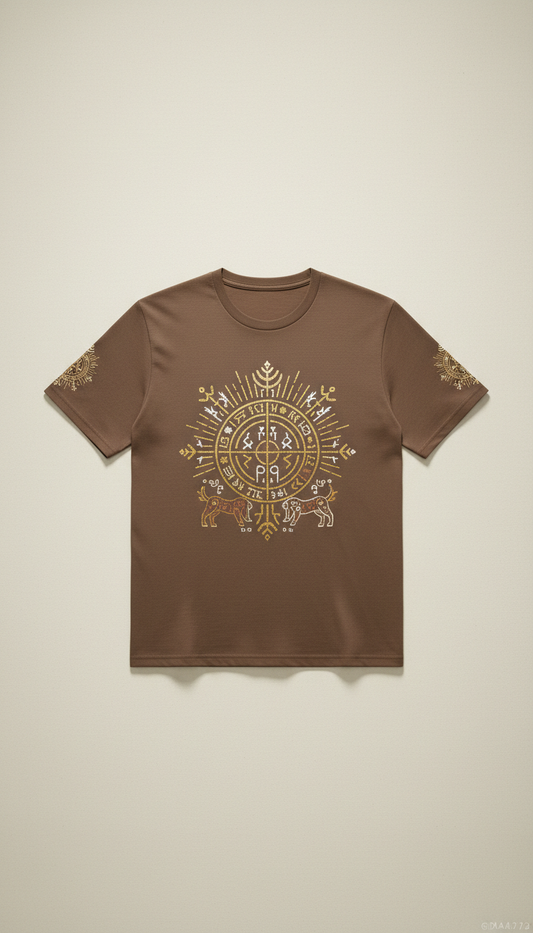 Buckwheat brown t-shirt with symbolic graphics
