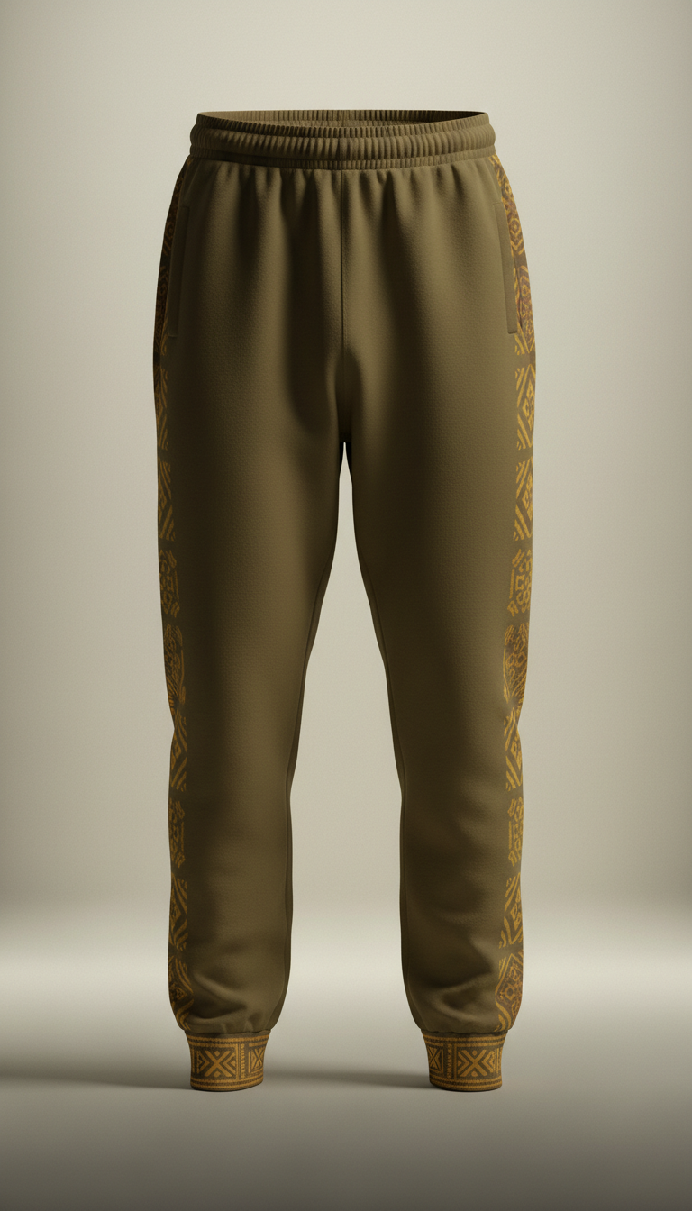 Heritage khaki sweatpants with gold pattern accents