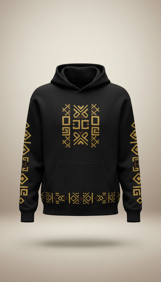 Onyx black hoodie with diaspora gold motifs