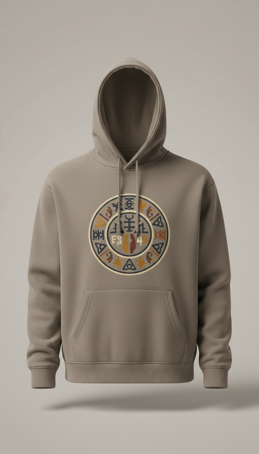 Urban taupe hoodie with Afrocentric motif screen print